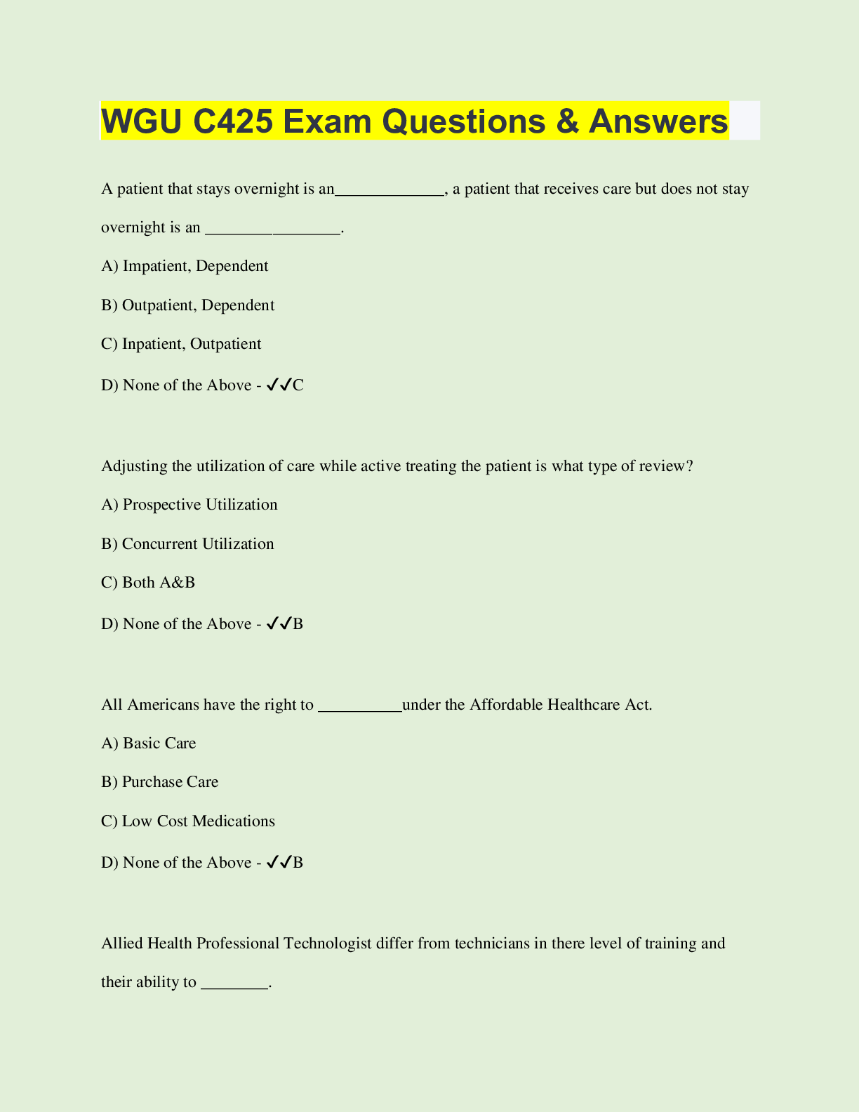 Preview image for WGU C425 Exam Questions & Answers | 70 Questions with 100% Correct Answers | Verified | Latest Update